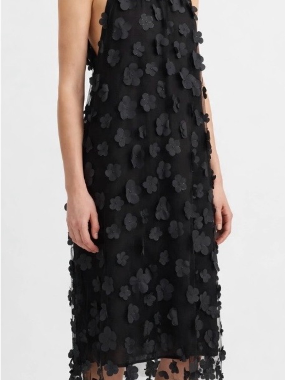 Black Floral Appliqué Halter Midi Dress - Sleek Evening Style
